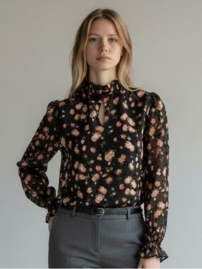 A Love Story Black Floral Roseann Mock Neck Puff Sleeve